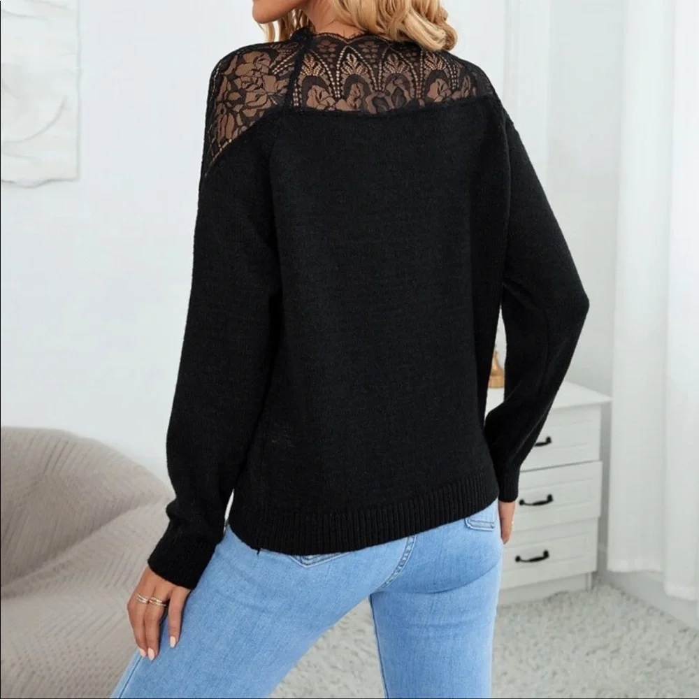 Comfy Sheer Mesh Lace Sleeve Sweater Top Black Sexy - Picture 6 of 6